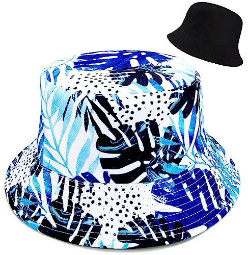 Newellsail Fischerhüte Doppelseitig Reversibel Fischerhut Faltbarer Unisex Fishermütze für Wandern Camping Reisen Angeln, Blau und Weiß Kokosnussbaum Druck (56-58cm)