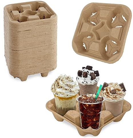 4 Cup Carrier Tray, 40Pcs Disposable Cup Carrier, Biodegradable Cup Holder, Brown Drink Carrier for Hot or Cold Drink, Coffee Shops, Restaurants, Juice Bars