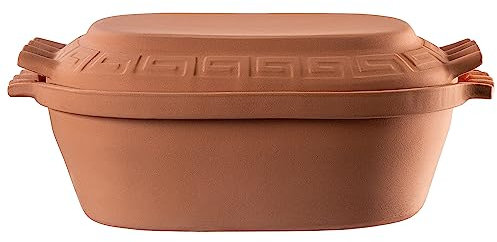KADAX Ovaler Tonbräter, Keramiktopf mit Deckel und Seitengriffen, Dampfgarer aus natürlichen Materialien, Auflaufform für fettfreies Kochen, Brätertopf (6L)