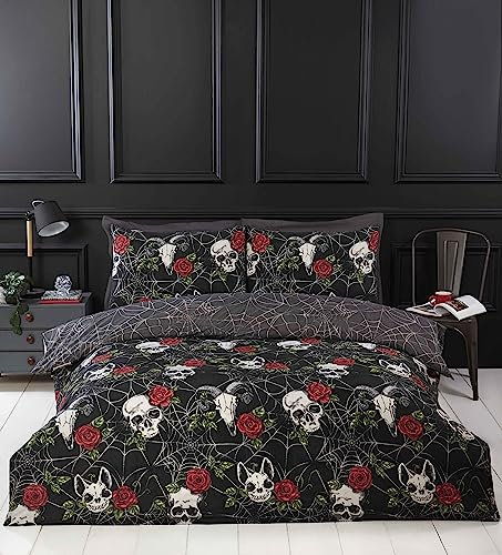 Rapport Home Black Duvet Cover Set with Skulls & Roses, Halloween Themed Microfiber Single Bedding Set