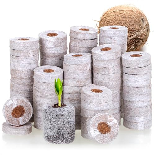 com-four® 100x Kokosquelltabs mit Mesh - Anzuchtunterstützung für Pflanzensamen - biologisch abbaubare Kokosscheiben - Anzuchthilfe aus Kokosfaser - Quelltabletten