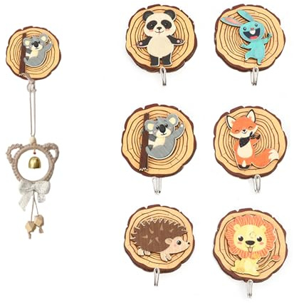 6 Pcs Cute Cartoon Wooden Animal Coat Hook, Children's Room Decoration Woody Hooks No-Nail, Self-Adhesive Wooden Coat Hooks in Animal Shape, Cartoon Wall Mounted Hooks for Bathroom Kitchen Towels