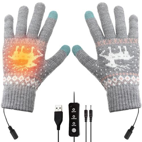 Victop USB Beheizte Handschuhe für Männer Frauen, Heizung Fäustlinge Vollfinger Gestrickte Heizhandschuhe Strickhandschuhe Touchscreen Laptop Handwärmer Winter (Grau, L)