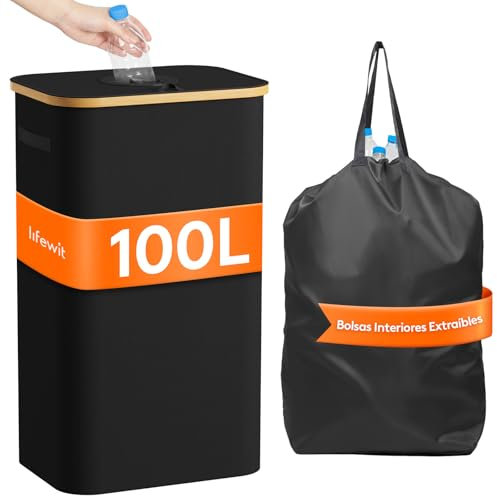 Lifewit Poubelle Recyclage 100 L Transportable, Collecteur de Bouteilles Verre, Plastique, Grand Poubelle en Bambou pour Tris Selectif, Noir