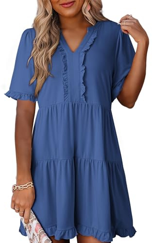 Dokotoo Summer Dresses for Women Short Sleeve V Neck Empire Waist Casual Flowy Swing Plus Size Babydoll Western Tiered Tunic A Line Dresses with Pockets Sail Blue Dress XXL