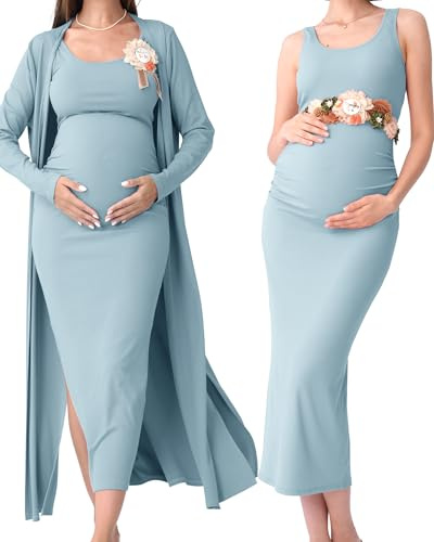 Rnxrbb 2 PCS Spring Summer Maternity Dress Cardigan Set Bodycon Maxi Formal Dresses Boho Baby Shower for Women,Light Blue M