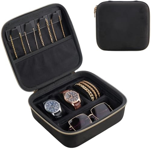 ProCase Portagioie Uomo da Viaggio, Porta Orologi 3 Slots, Porta Collane Anelli Orologi Occhiali da Sole, Organizer Gioielli per Uomo/Donna -Small, Nero