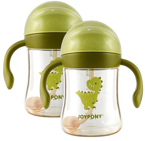 Joypony PPSU Sippy Cup 2 Pack, 266ml Spill Proof Toddler Cups, Green | Weighted baby water bottle with V-valve, BPA free, easy-grip handles, includes 2 silicone straws and brush
