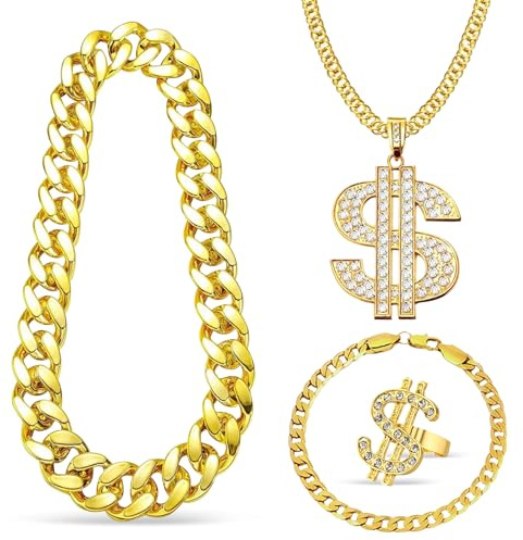 DIELOVEHUA 4 stycken hiphop kostym set, hip hop rapper kostym, 80-tals 90-tals tillbehör män, med guldkedja dollar halsband ring armband, för karneval temafester karneval karneval karneval