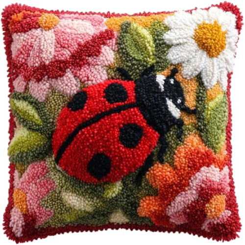 ZUHK DIY Latch Hook Cushion Kit - Cross Stitch Yarn Craft Set fit for Beginners and Adults, Sofa Decor 43x43cm (Ladybug)