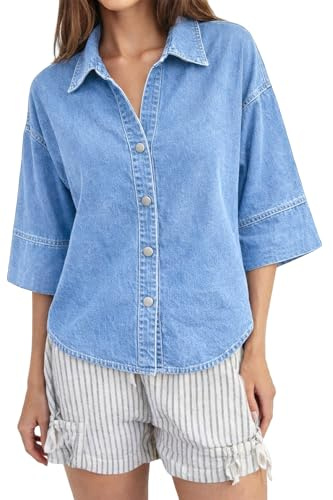 Denim Shirt Women Oversized Button Down Jean Blouse 3/4 Sleeve Casual