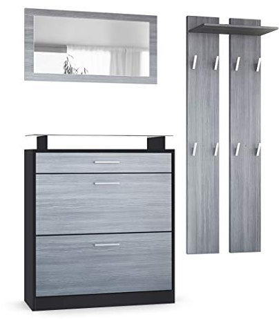 Vladon Garderobe Loret mini, Garderobenset bestehend aus 1 Schuhschrank, 1 Wandspiegel und 2 Garderobenpaneele, Schwarz matt/Avola-Anthrazit