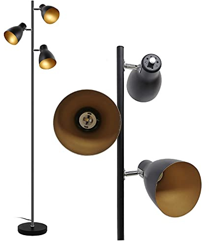 Osasy Tree Adjustable Floor Lamp, Retro Metal Black/Gold, E27 Socket Max. 25 W, 3 Lights, 166 cm Spotlight Floor Lamp Industrial for Reading Living Room Bedroom Office