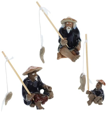Holibanna 3 Pièces en Céramique Pêcheur Figurine Miniature Statue Pêcheur Bonsaï Figure Sable Table Fish Tank Ornements De Jardin De Fées