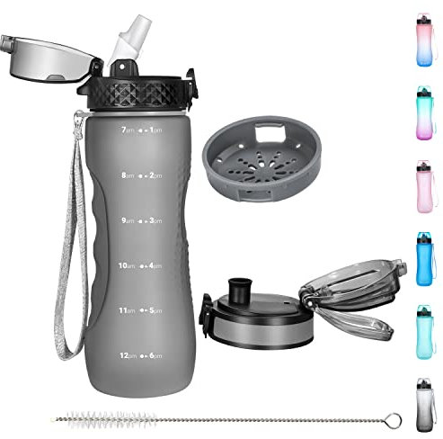 OLDLEY 750ml/25oz Water Bottles with Straw - Leakproof Tritan Plastic - Reusable Hydrate Sports Bottle BPA Free Time Markings Gym Bottles for Women & Men (Grey, 2 Lids)