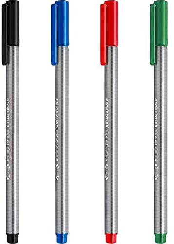 STAEDTLER 334 Triplus Fineliner Superfine Point Pens - 0.3mm - Black, Blue, Red & Green - Pack of 4