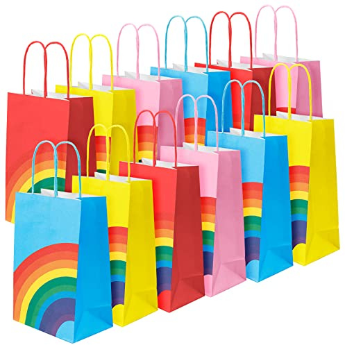 JOYSKY 24 Pcs Rainbow Party Bags Party Paper Bags with Handles 13 x 8 x 22 cm Kraft Bags Treat Sweet Candy Gift Bags for Kids Party Wedding Birthday Favor Celebrations 6 Colour