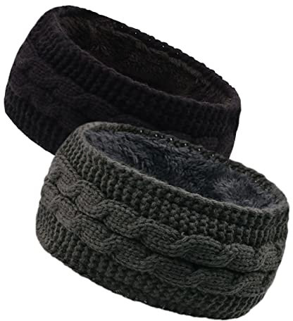 TSHAOUN 2 Packs Winter Knitted Headbands Ear Warmer Headbands Crochet Knit Chunky Head Wraps with Soft villus Lined, Elastic Twist Headwrap, Headwrap Hat Cap Ear Warmer for Women Girls (2 Packs)