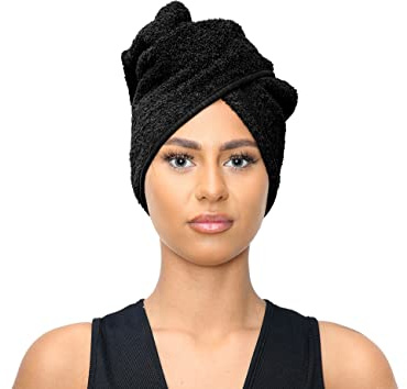 Sapphire Collection Terry Cotton Hair Towel Wrap Turban Absorbent Spa Towels with Loop & Button for Long Hairs (Black)