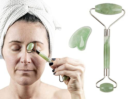 Gua Sha and Face Roller Set, Authentic Natural Jade Stone, Professional Tools for Skin Care Routine, Wrinkles Treatment Tools, Massager Tools for Face, Neck and Body