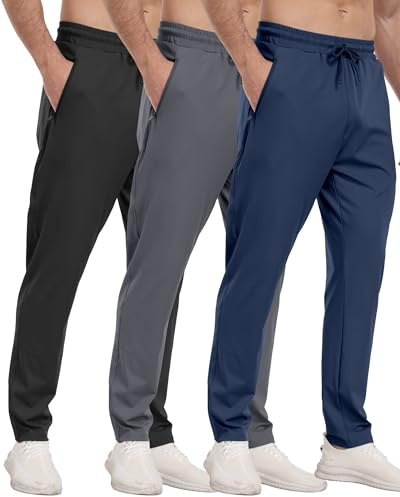 3 Pack Mens Athletic Sweatpants with Zipper Pockets,Workout Gym Joggers Pants for Men Running Jogging Pants-BlackDark GrayNavy-L