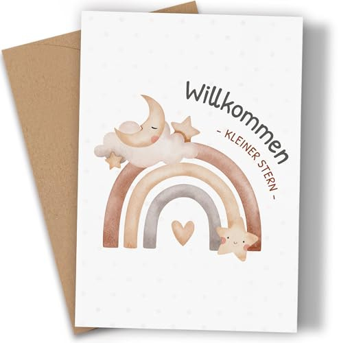 Premium Karte zur Geburt - Glückwunschkarte zur Geburt Baby - Personalisiert Karte mit Umschlag aus Kraftpapier zur Geburt Junge & Mädchen & Zwillinge Grußkarte Baby Klappkarte Mond Regenbogen(A6)