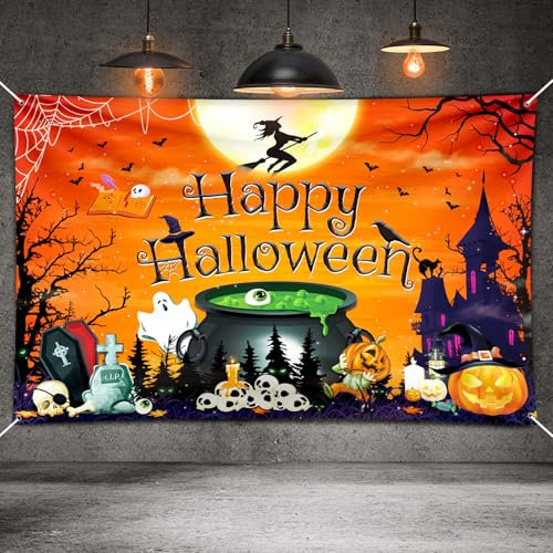 Simpeak 180 * 110cm Happy Halloween Banner Tapestry Party Decorations Banner, Halloween Backdrop Cloth with 10M Ribbon
