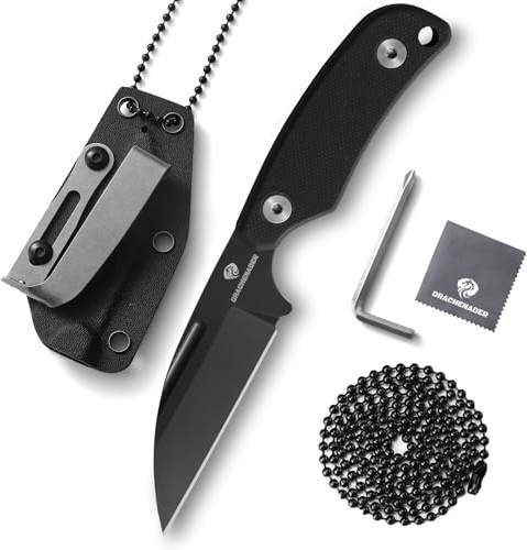 DRACHENADER Couteau De Cou, Mini Neck Knife, Lame En Acier D2,Manche En G10, Couteau À Lame Fixe, Chaîne À Billes Et Clip De Ceinture