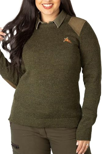 Rydale Shooting Sweater Pheasant Motif Crew Neck Wool Hunting Jumper Sweatshirt (UK, Numeric, 16, Regular, Regular, Olive Tweed)