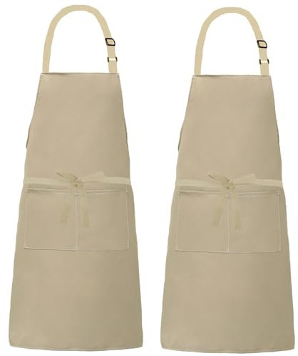 XIEJINJIA 2 Piezas Delantales Gruesos de Lona Resistente al Agua Ajustables con 2 Bolsillos Hombres y Mujeres Delantal de Cocina para Hornear Cocinar Restaurante Jardín Beige