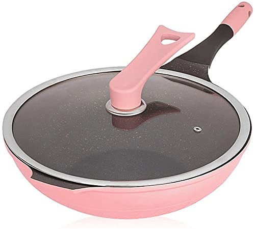 32cm Non Stick Frying Pan with Standable Lid Wok Pan Saute Pan Induction Compatible Gas Stove and Induction Cooker Pink Color