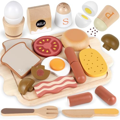 Airlab Desayuno Inglés Completo de Madera de Juguete, Juego de Comida para Infantiles, Accesorios de Cocina y Cocinita para Juego de Roles, Alimentos Imitación Regalo Educativo para Niños y Niñas