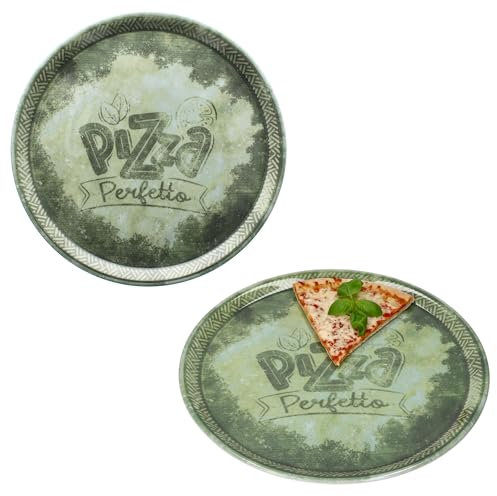 MamboCat Perfetto Lot de 2 assiettes à pizza Ø 31,5 cm I Vert I pour 2 personnes I Assiettes en porcelaine rustique pour pizza, tartes flambées et plus encore I Grandes assiettes plates avec décor et
