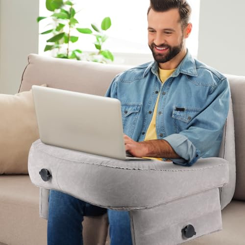 Coussin de lecture gonflable, table de lit pour la lecture, table d'ordinateur portable pour lit, sol ou canapé avec support de bras, poches latérales pour jeux, travail, crochet, gris