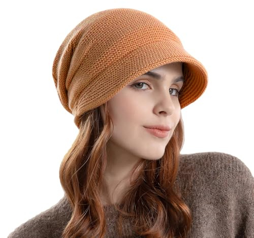 Gajaous Bonnet d'hiver pour femme - Bonnet basque doublé en tricot - Bonnet ballon chaud - Bonnet Slouchy avec visière, taille unique