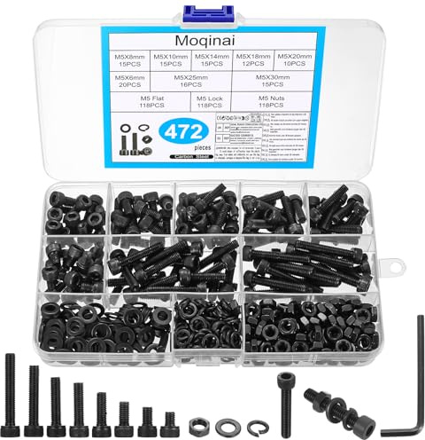 472 Piezas Set de Tornillos M5, Tornillos de Cabeza Cilíndrica Hexagonal con Tuercas y Arandelas, Kit de M5 Acero al Carbono Negro, Juego de Tuercas Arandelas para Bricolaje y Bicicleta