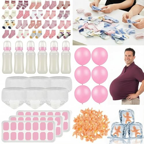 Soulchen 4 Baby Shower Games Set for 6 Guests Include Bottle Chug Baby Shower Game, Tie Your Shoe, Hunt Socks and My Water Broke Juegos Para Theme Party Activitie for Adults Gender Reveal(Cute,Pink)
