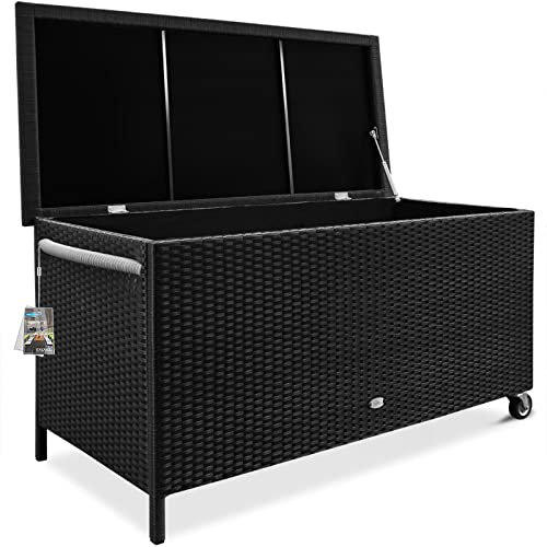 Casaria® Gartenbox Auflagenbox Polyrattan UV-beständig Wetterfest 400L Rollen Griff Gasdruckfeder Ablaufkante Garten Balkon Terrasse Aufbewahrungsbox Kissenbox 122x55cm Box Schwarz
