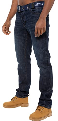 New ENZO Designer Mens Straight Leg Jeans Regular Fit Denim Free Belt King Sizes