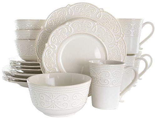 Elama Round Decorated Stoneware Scallop Embossed Dinnerware Dish Set, 16 Piece, Luna