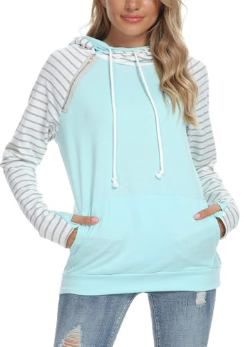 Barlver Women's Casual Hoodies Long Sleeve Sweatshirts Cowl Neck Drawstring Hooded Pullover Top with Pockets Blue XL