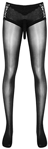 Oyolan Sissy Homme Collant Sexy Ouvert Bulge Pouch Jockstrap Gay Érotique Lingerie Dentelle Bas Autofixants Sous-vêtement L-XXL Noir L