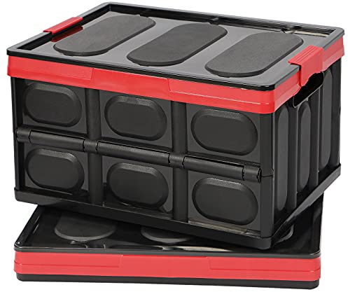 Tuevob 2 Pack Collapsible Storage Boxes Shelf Crates 30L Lidded Storage Bins Plastic Tote Storage Box Container Stackable Folding Utility Crate Clothes Book Snack Shoe Grocery Holder Organizer-Black