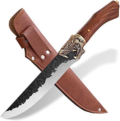 Purple Dragon Ausbeinmesser Hackmesser Handgeschmiedet Kochmesser Scharf Fleischermesser mit Lederhülle 7Cr17Mov KohlenstoffStahl 7 Zoll Outdoor-Messer für die Küche Camping Geschenkbox