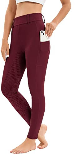 Havideto Reitleggings Damen Vollbesatz mit Handytasche, High Waist Reithose Damen Mädchen Stretch mit Gürtelschlaufen Rot S