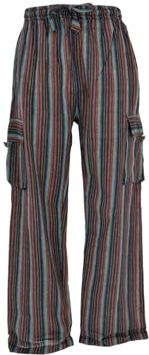GURU SHOP Gestreifte Yogahose, Unisex Baumwoll-Goa-Hose, Petrol/rot, Baumwolle, Size:XL (52)