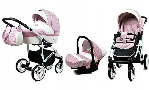 BabyLux® Bambimo Kinderwagen Set 3 in 1 - White Lux - incl. Babywanne, Buggy Sportsitz, Auto-Babyschale - Autositz - Kinderwagenset - Kombikinderwagen mit Wickeltasche, Regenschutz usw.
