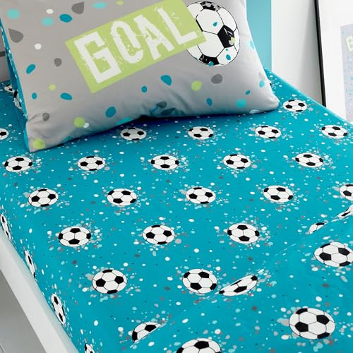Bedlam Blue Aqua Football Bed Sheet - Single Fitted Sheet (190 x 90 x 25cm) - Soccer Ball Pattern - Boys Football Bedding