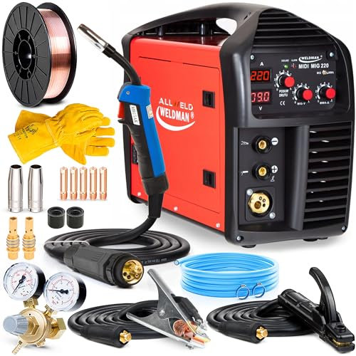 Weldman MIDI MIG 220 - 220A Maquina de soldar inverter, función Flux y MMA - Soldador de hilo eficiente que ofrece un factor de marcha del 100% en modo MIG a 170A - Set Basic