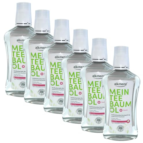 Alkmene Teebaumöl Mundspülung Vegan 500ml | Antibakterielle Mundspülung für starke Zähne & gesundes Zahnfleisch | 6-Fach Schutz, Mikroplastikfrei, Ohne Alkohol, Mit Fluorid (6er Pack)
